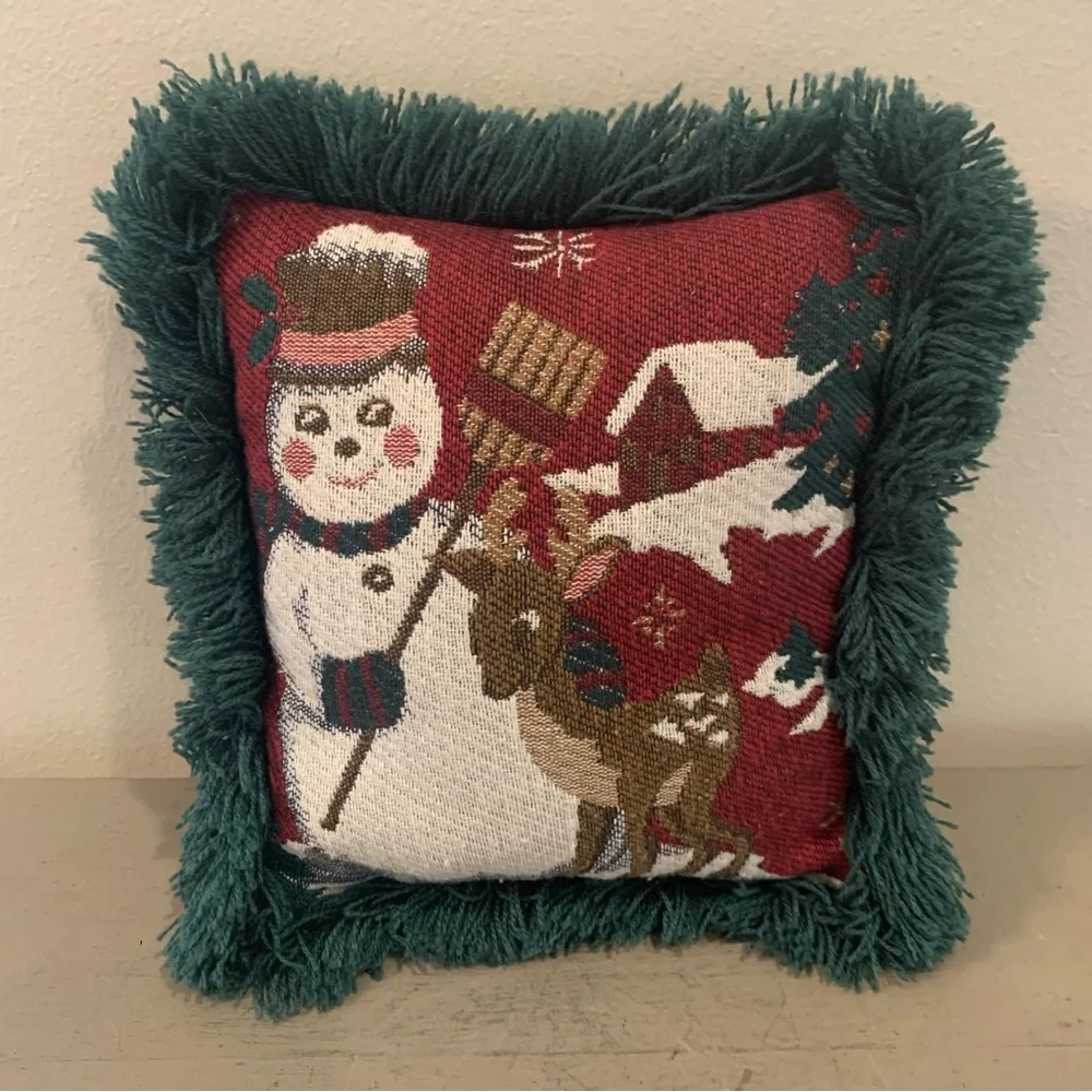 Holiday Snowman And Reindeer Decorative Pillow